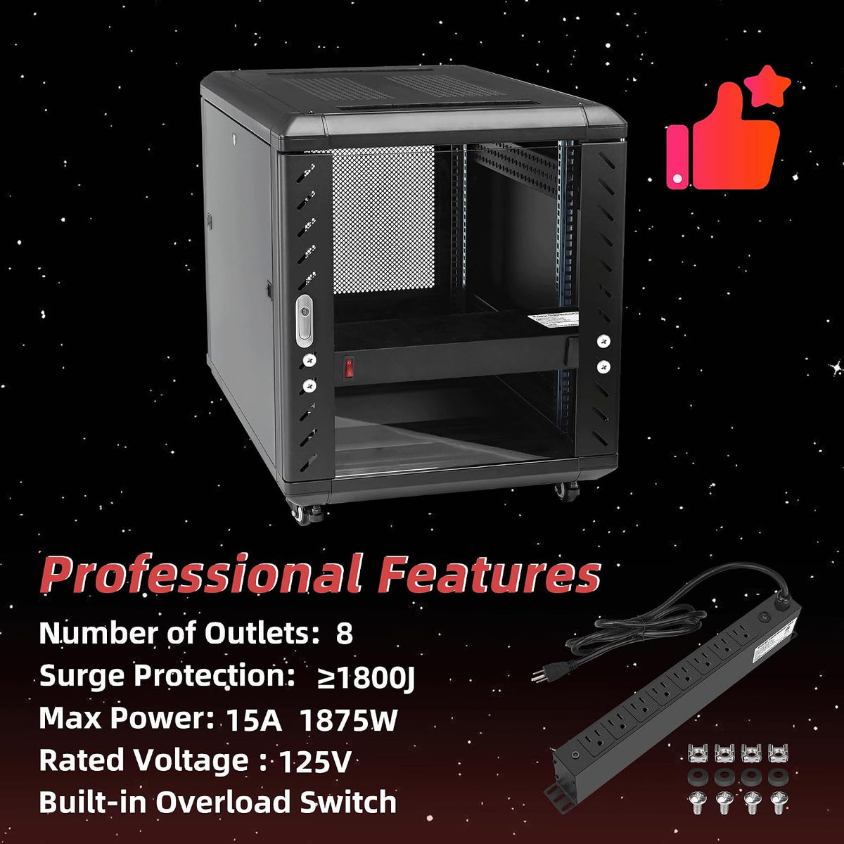 8 Outlet PDU Rack Mount Power Strip with Surge Protector, 1U Rackmount,Wide-Spaced Sockets, for Network Server Racks