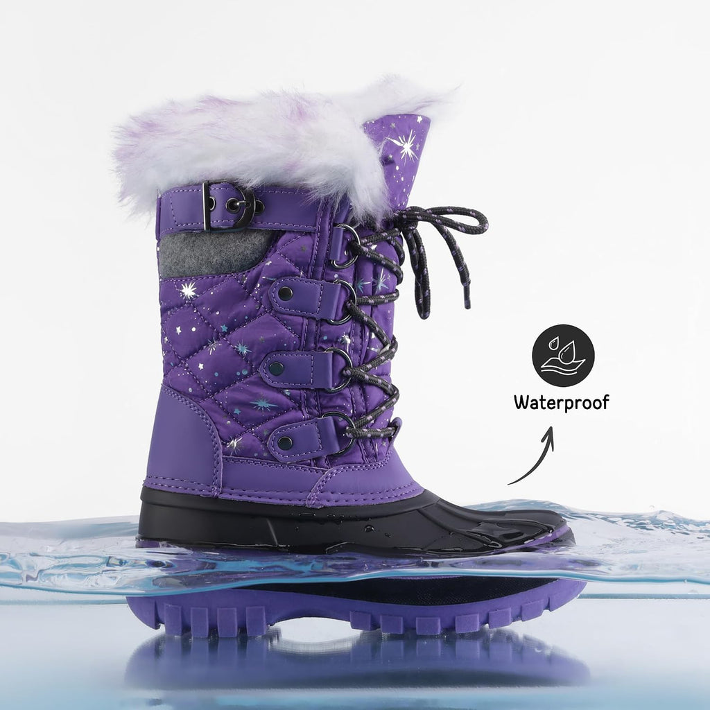Girls Snow Waterproof Winter Boots | Warm Faux Fur Lined Outdoor Secure Grip Anti Slip Outsole Easy Wear Windproof