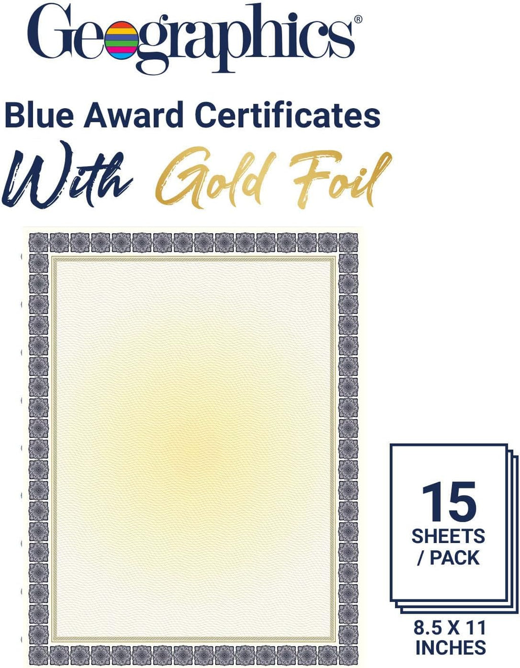 Blank Award Certificate Paper, 8.5 x 11", Premium Gold Foil & Kensington Blue Border Design (Pack of 15) | blank