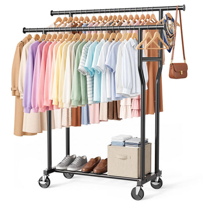 Clothes Rack, Double Rods Rolling Clothing Rack for Hanging Clothes Load 260 LBS Closet Rack with Wheels, Metal