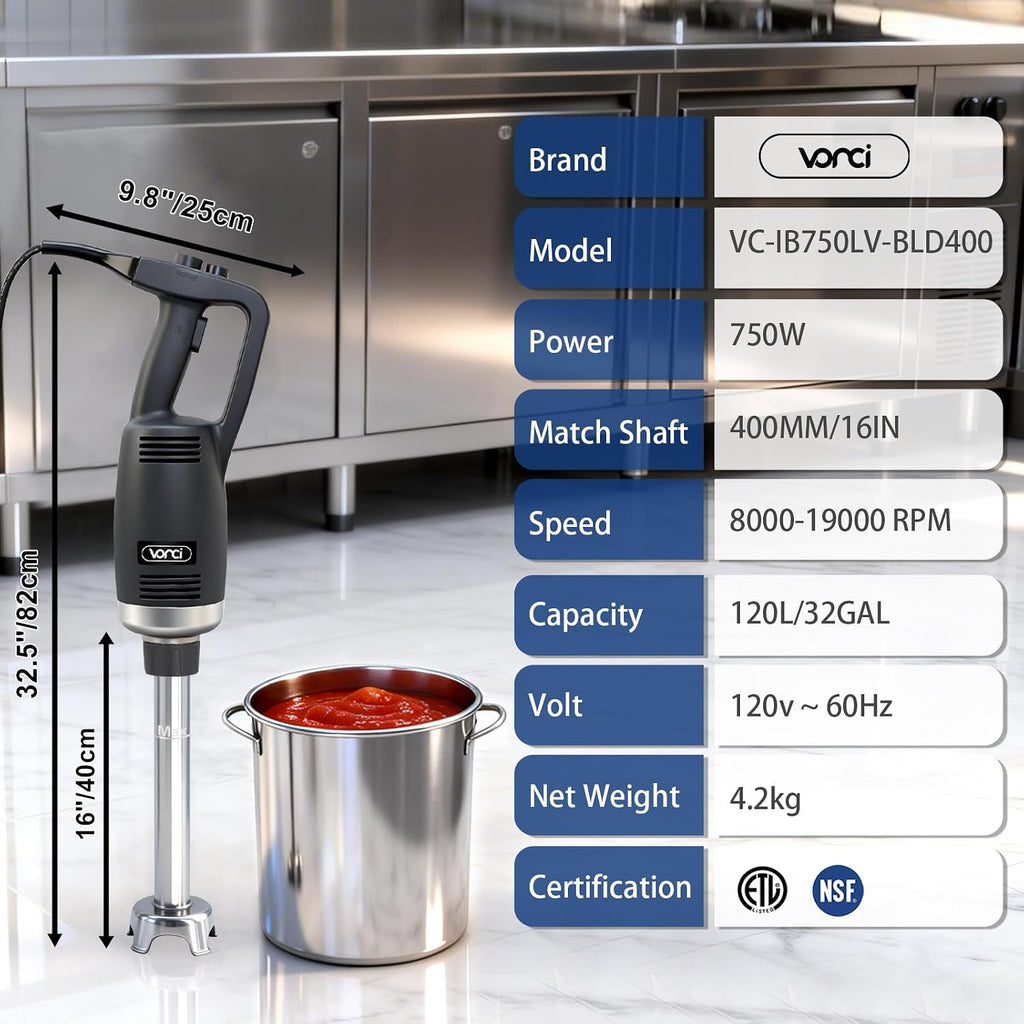 750W Commercial Immersion Blender, Electric Hand Blender with 16" Detachable Shaft, Variable Speed
