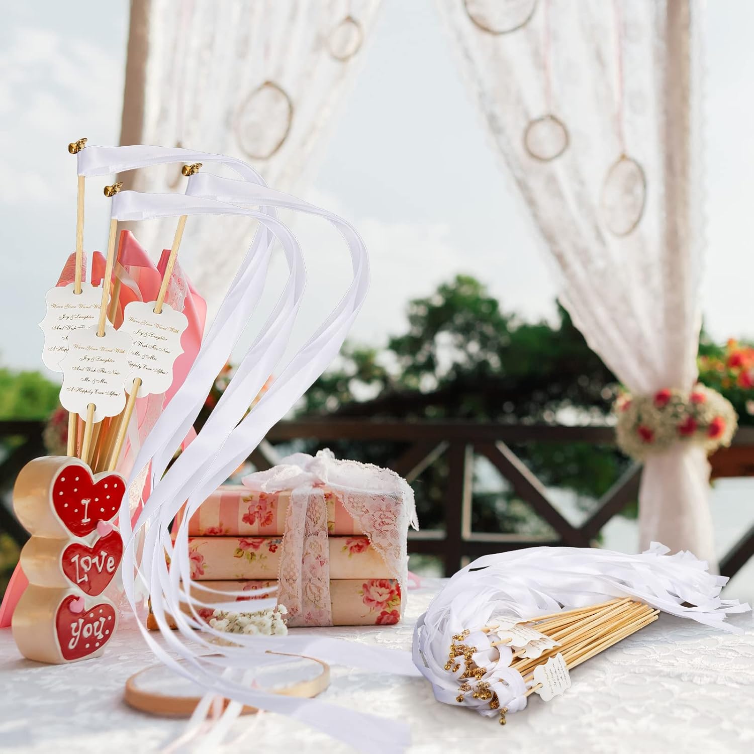 100 Sets Wedding Send Off Wands with Bells Bulk, White