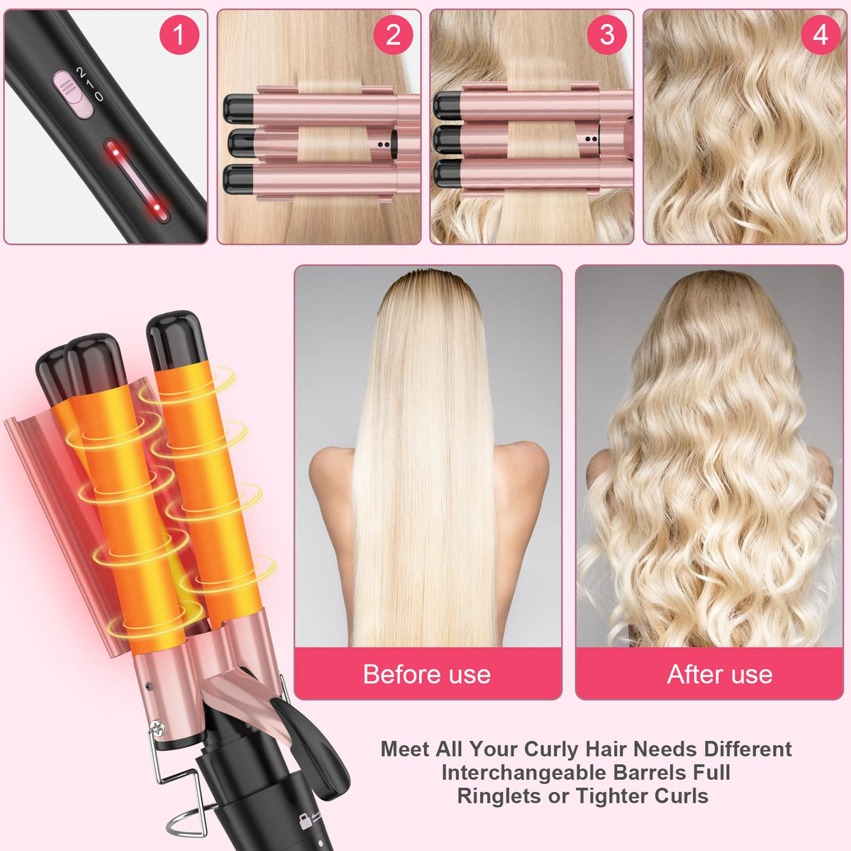 Curling Wand Set, Curling Iron Interchangeable 3 Barrel Wand Curler