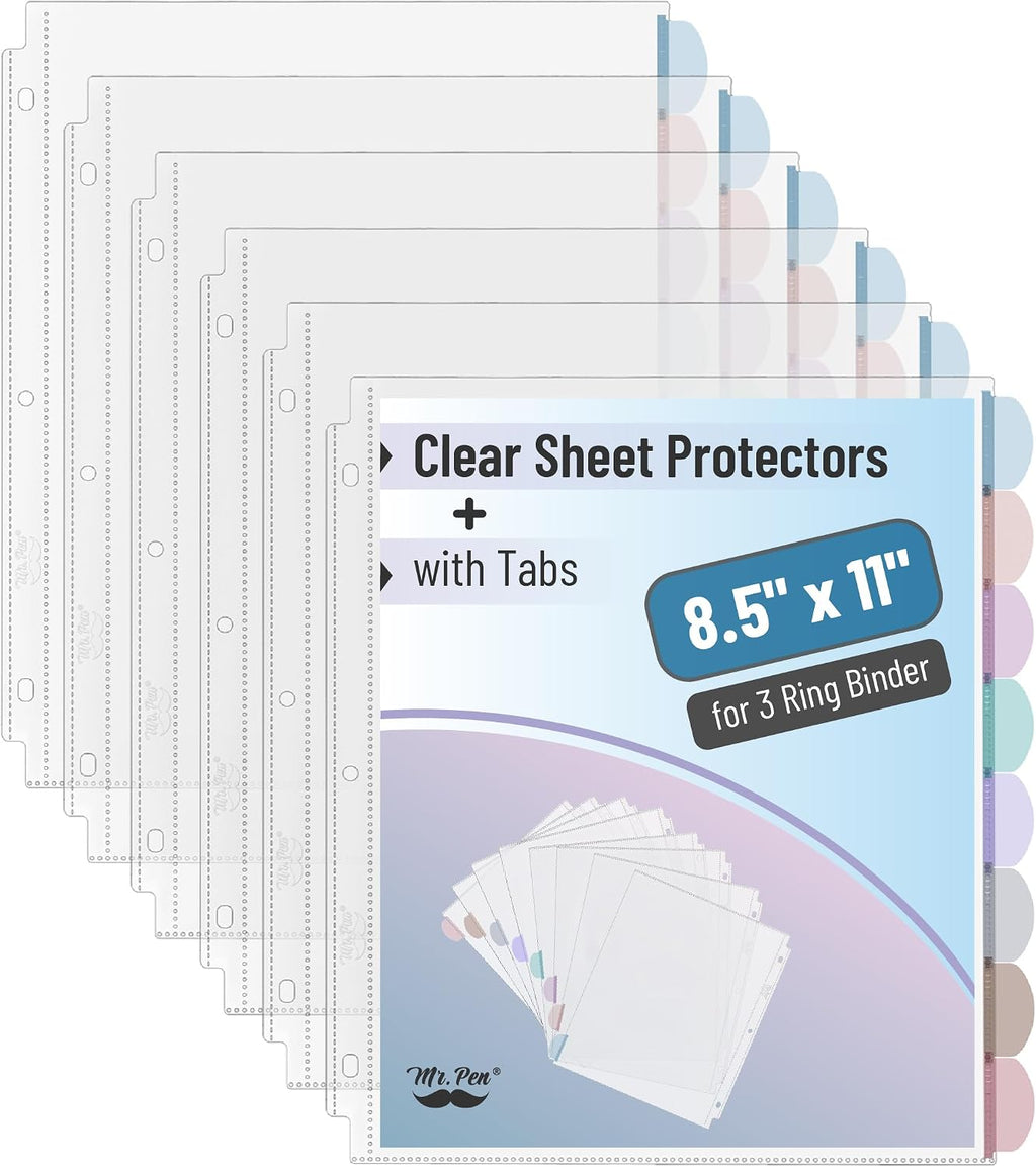 Clear Sheet Protectors with Tabs, 8.5x11 Inches, 8 Tabs, 6 Sets | Durable Clear Plastic Dividers for 3 Ring Binders