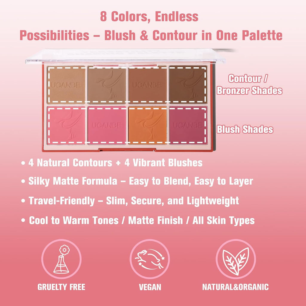 8 Colors Face Matte Blush Palette Shading Blusher - Buildable Facial Cheek Blusher Contour Bronzing Pressed Powder