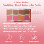 8 Colors Face Matte Blush Palette Shading Blusher - Buildable Facial Cheek Blusher Contour Bronzing Pressed Powder