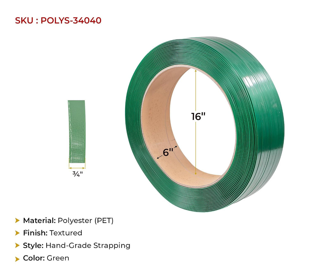 3/4" x 0.040" x 3000' Heavy Duty Polyester (PET) Packaging Strapping Roll - Green 16"x6" Core Size Hand Grade - 1800