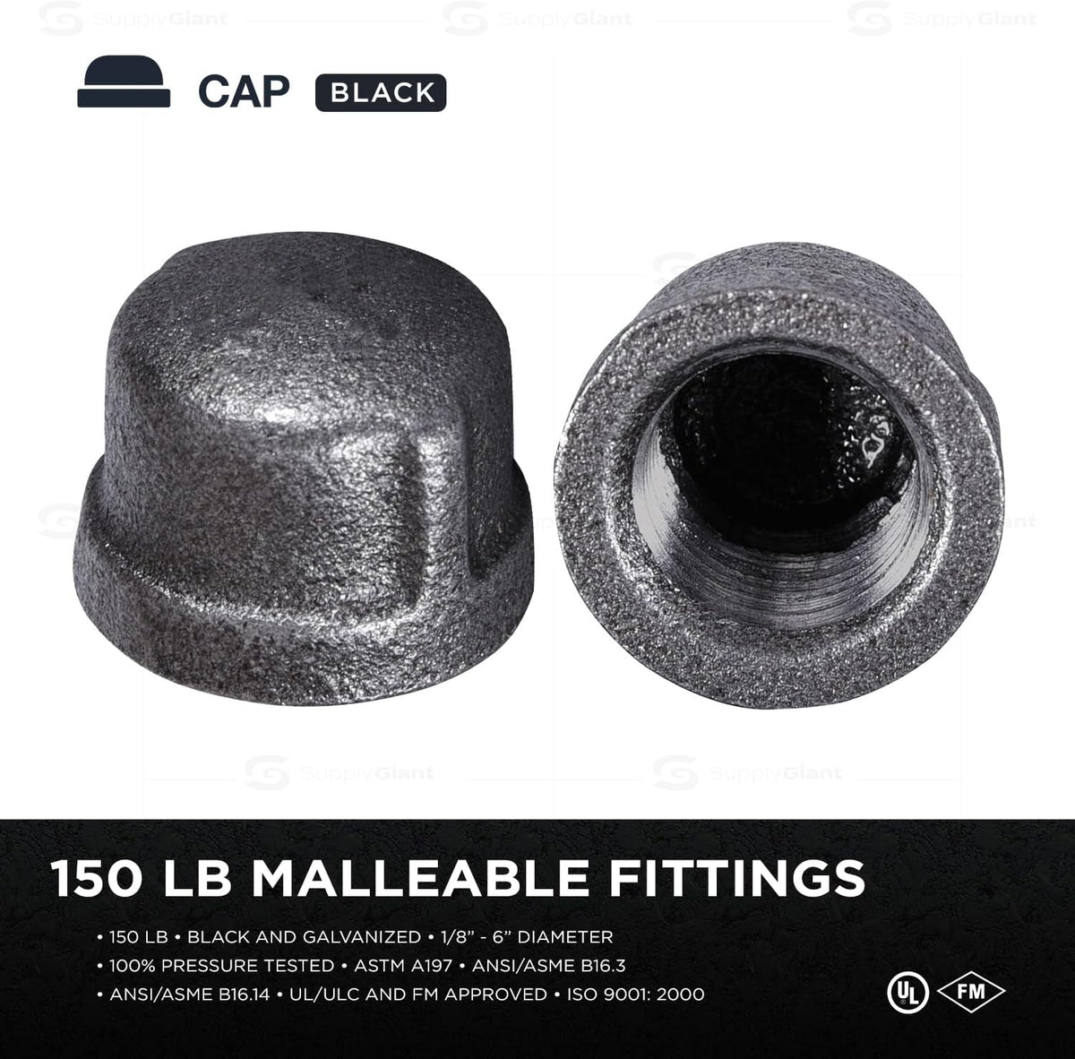 SUPPLY GIANT CNDQ0114 1-1/4" Black Malleable Iron Pipe Cap for 150 lb Applications with Female Thread, 1-1/4 in