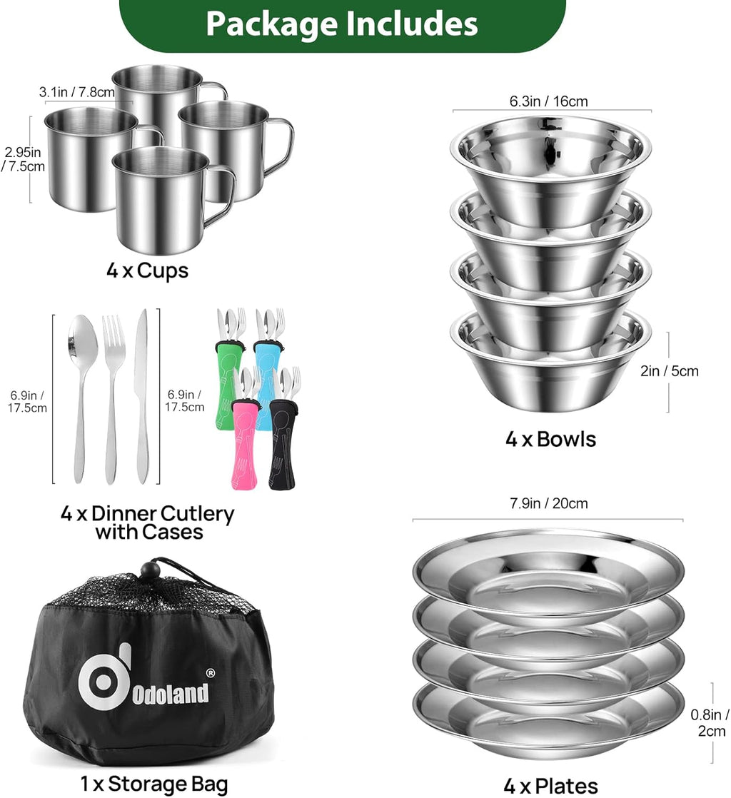 29pcs Stainless Steel Utensils Camping Mess Kits for 4 Person | with Bowls Plates Cups Forks Spoons and Knives