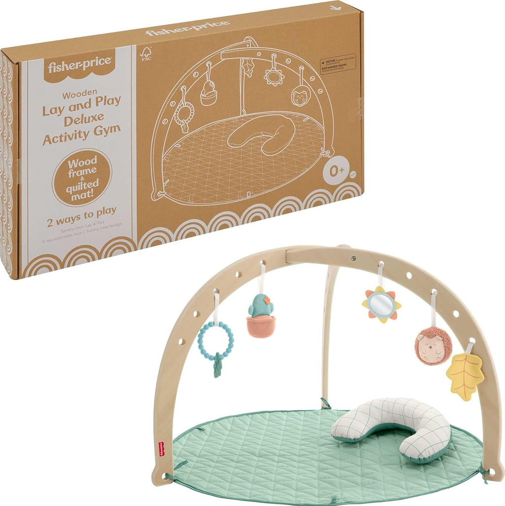 Fisher-Price Wood Baby Playmat Lay & Play Deluxe Activity Gym with Wooden Frame & Tummy Time Sensory Toys for