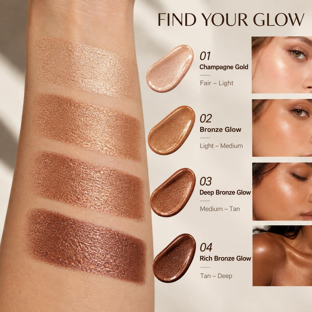 Bronzing Drops for Face & Body, Liquid Bronzer & Highlighter, Lightweight Buildable Shimmer Makeup, Mix with