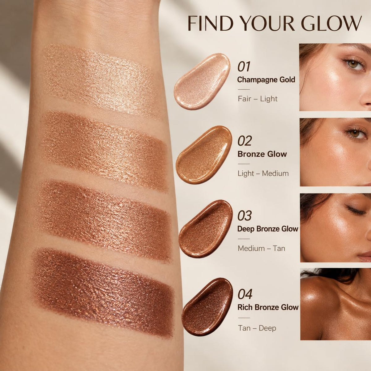 Bronzing Drops for Face & Body, Liquid Bronzer & Highlighter, Lightweight Buildable Shimmer Makeup, Mix with