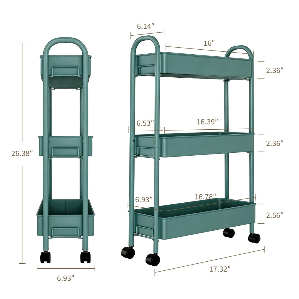 Slim Rolling Cart, Metal Frame Utility Rolling 3-Tier Narrow Storage Cart