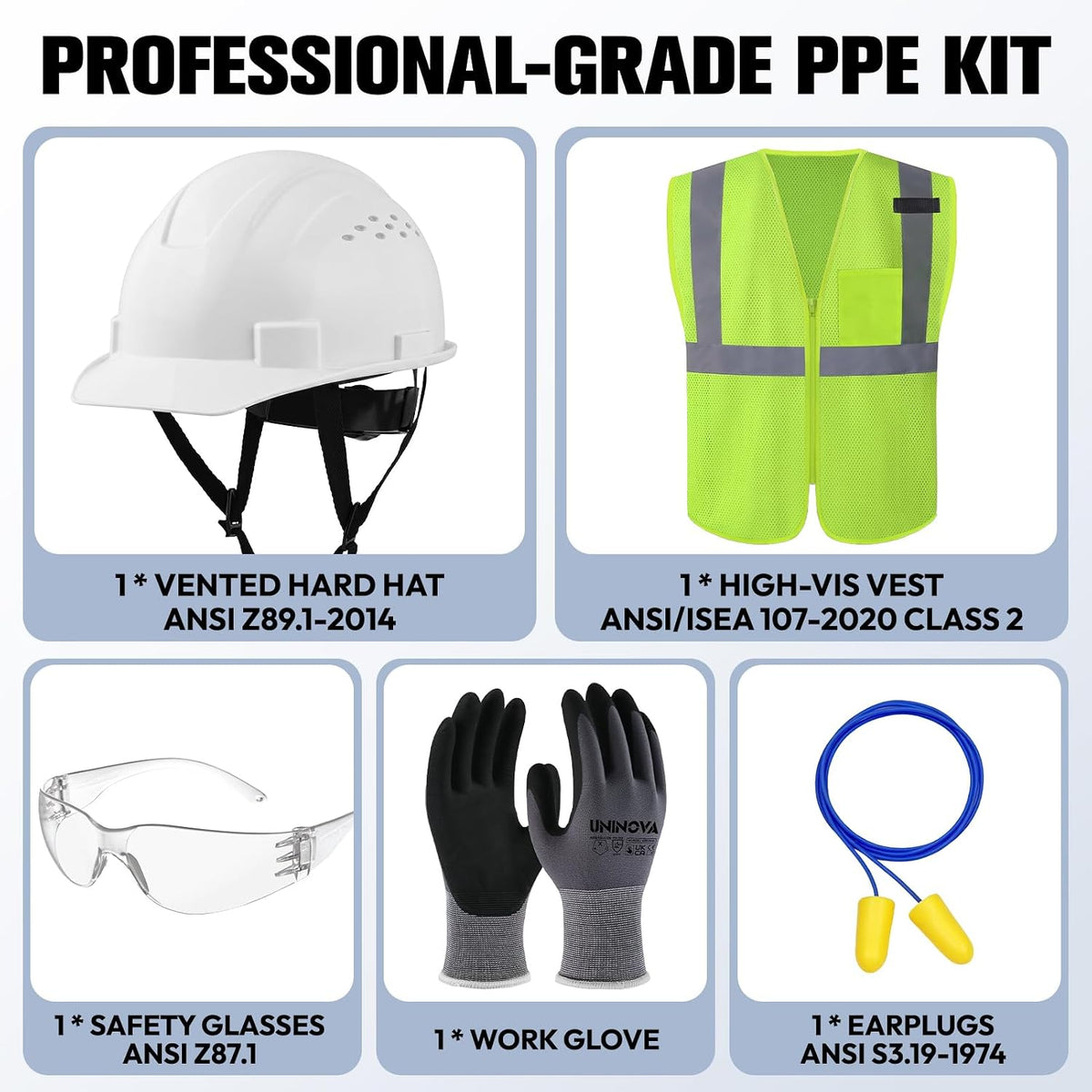 Vented Hard Hat, Safety Vest & Glasses, Work Gloves, Earplugs