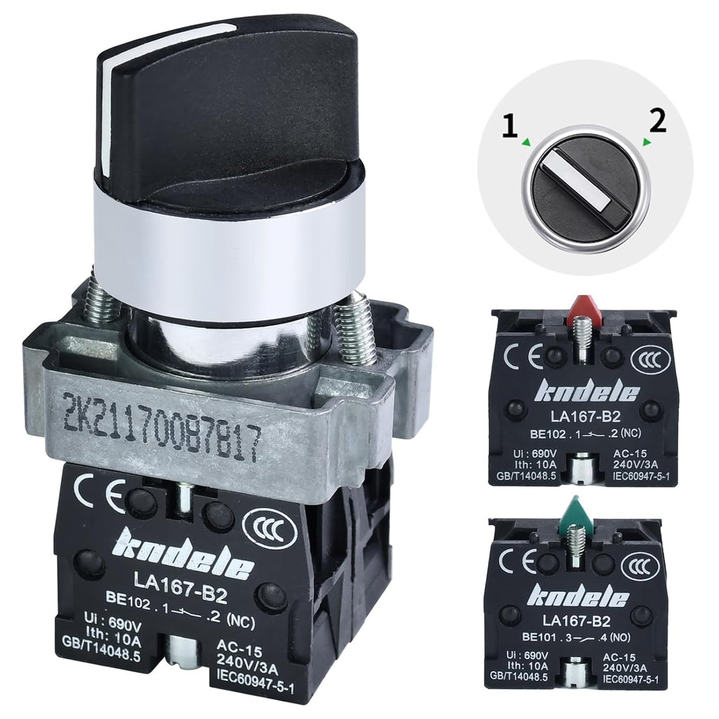 10Amp 22mm 2 Position Rotary Selector Switch 10A 660VAC SPDT 1NO 1NC Latching, IP65 Waterproof, 7/8" Panel Mount Industrial Switch