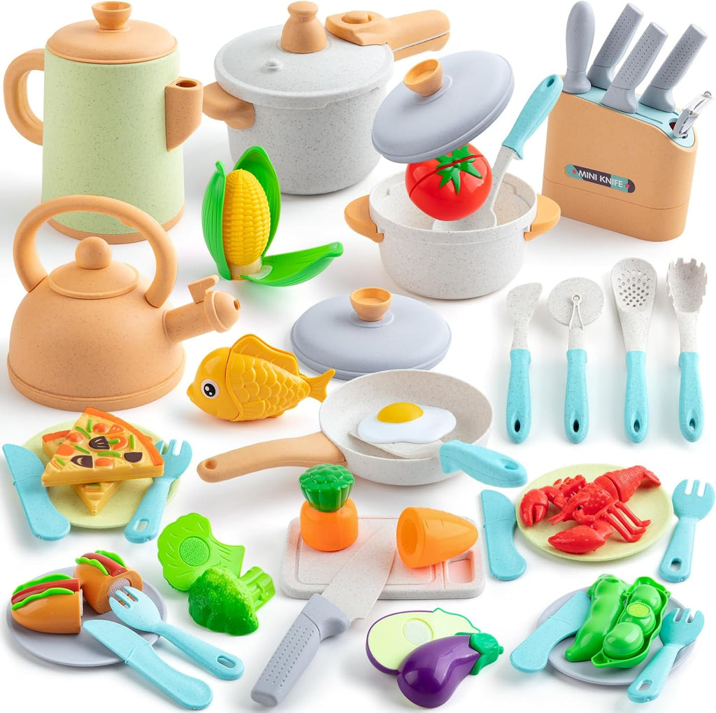 Kids Play Kitchen Accessories, 42Pcs Toddlers Pretend Toy Kitchen Playset Cooking Sets with Pressure Pots and Pans
