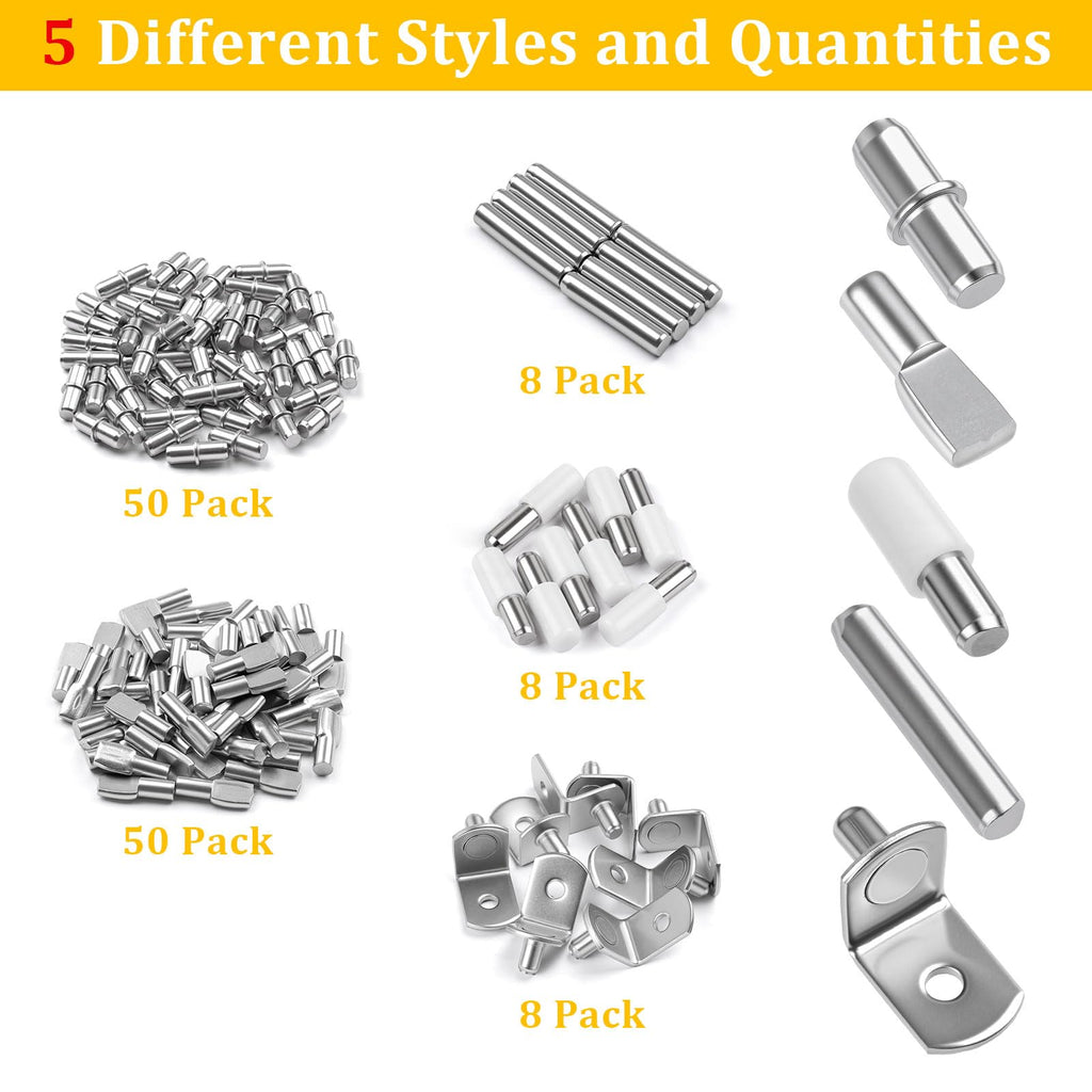 124 Pcs Shelf Pegs Kit, 5 Styles Nickel Shelf pins, Shelf Support Pegs