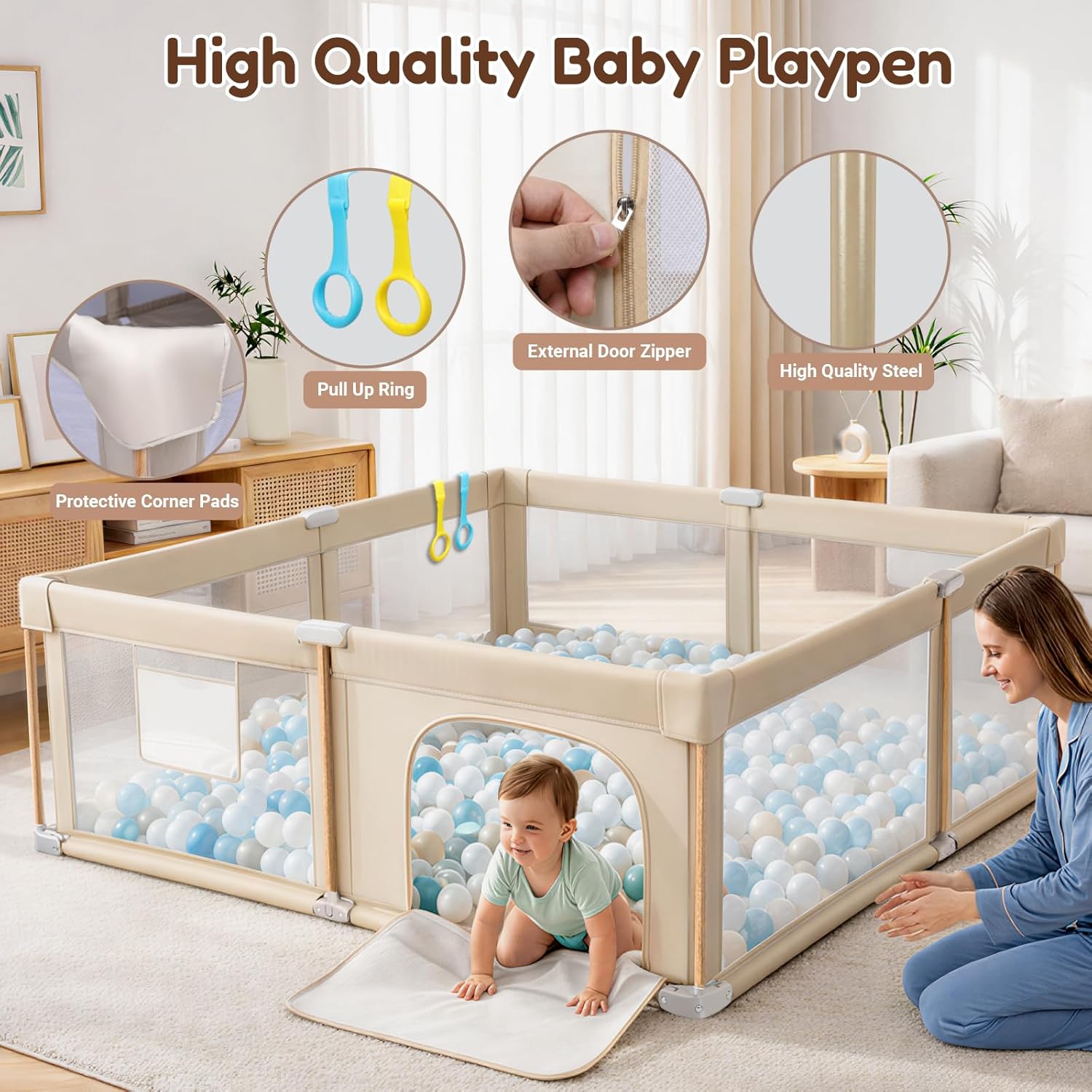 Foldable Baby Playpen with Mat, Foldable Baby Fence Play Yards for Babies and Toddlers, Play Pen with Breathable Mesh