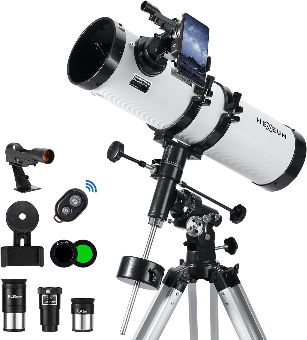 130EQ Reflector Telescope, 130mm Aperture, EQ Mount | 650mm focal length, manual equatorial mount, phone adapter, 2x