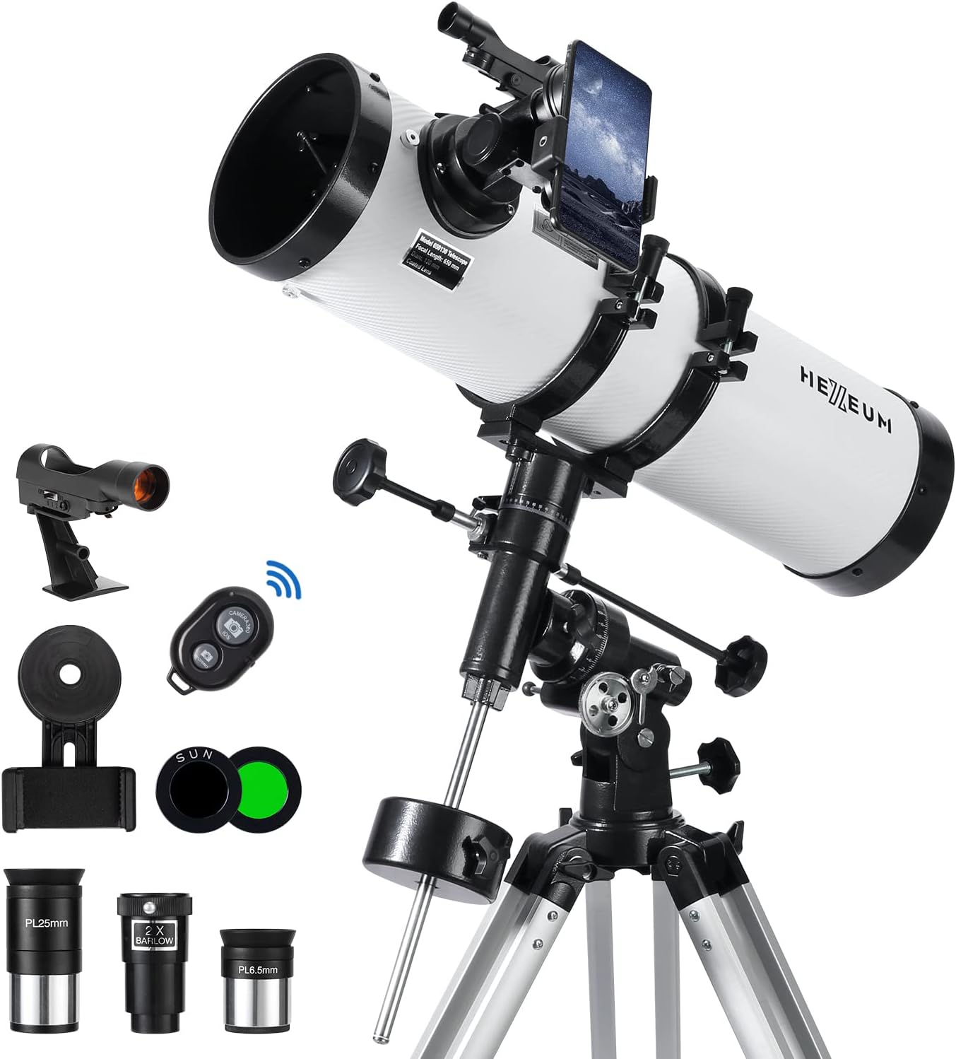 130EQ Reflector Telescope, 130mm Aperture, EQ Mount | 650mm focal length, manual equatorial mount, phone adapter, 2x