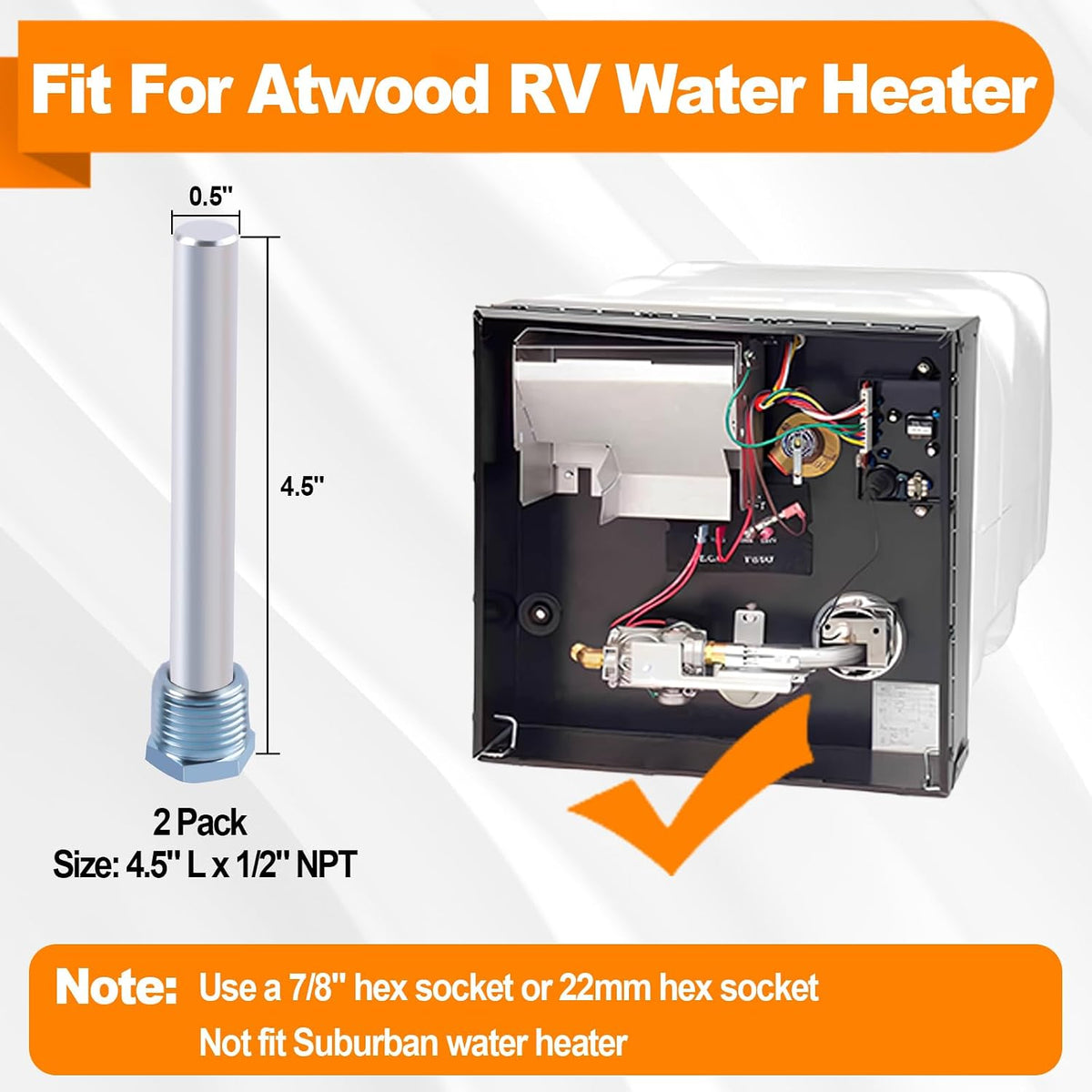 Anode Rod for RV Hot Water Heater, 4.5" x 1/2" NPT, Compatible with Atwood