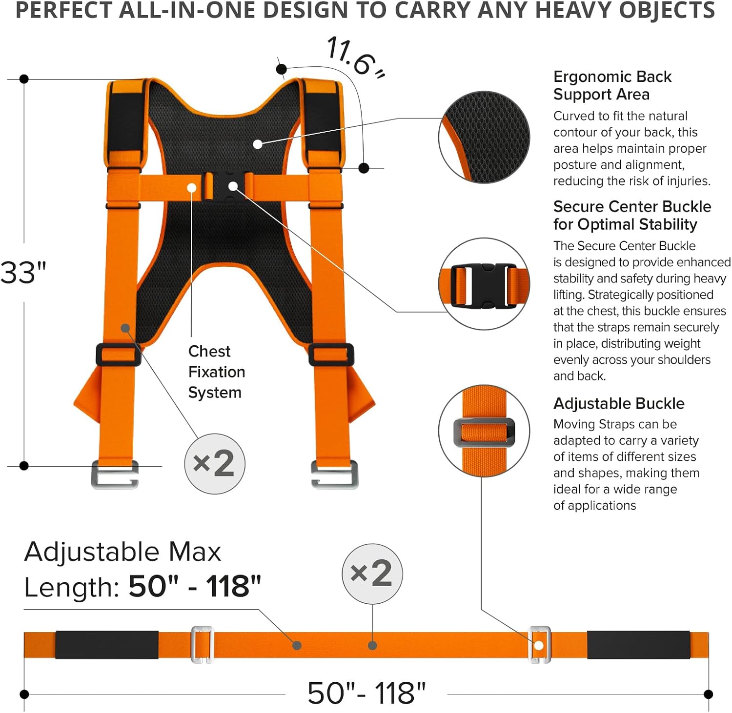 Moving Straps - 2 Pairs - Orange Lifting Straps for 2 Movers | Move Furniture Easily and Safely - Perfect for Lifting