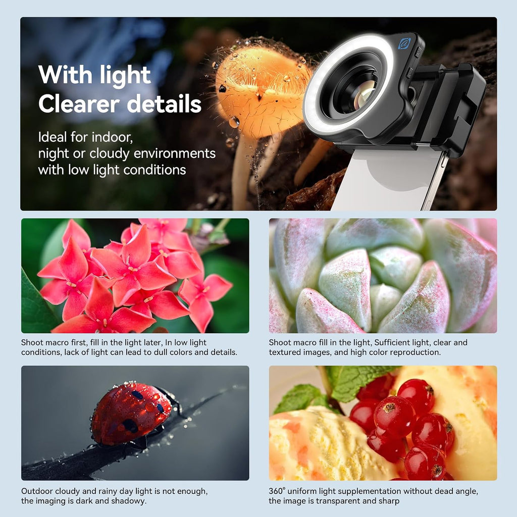 10-20X Macro Lens for iPhone & Android Phones | HD Photography Lens Kit with Universal Clip & 45-Mode Fill Light |