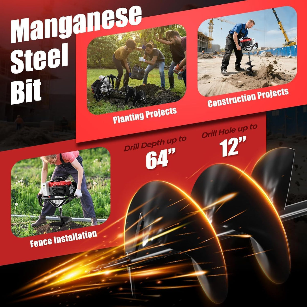 4-Stroke Gas Powered Post Hole Digger, 78CC Earth Auger with 2 Drill Bits | 6" & 8" Drill Bits and Extension Rod, No