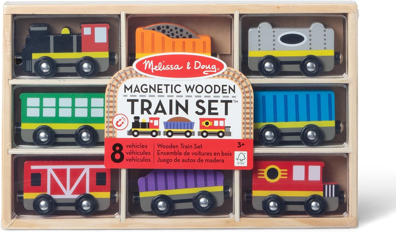 Melissa & Doug Wooden Train Cars, 8-Piece Magnetic Train Set with Toy Storage Tray, Steam Engine, Caboose, Coal &
