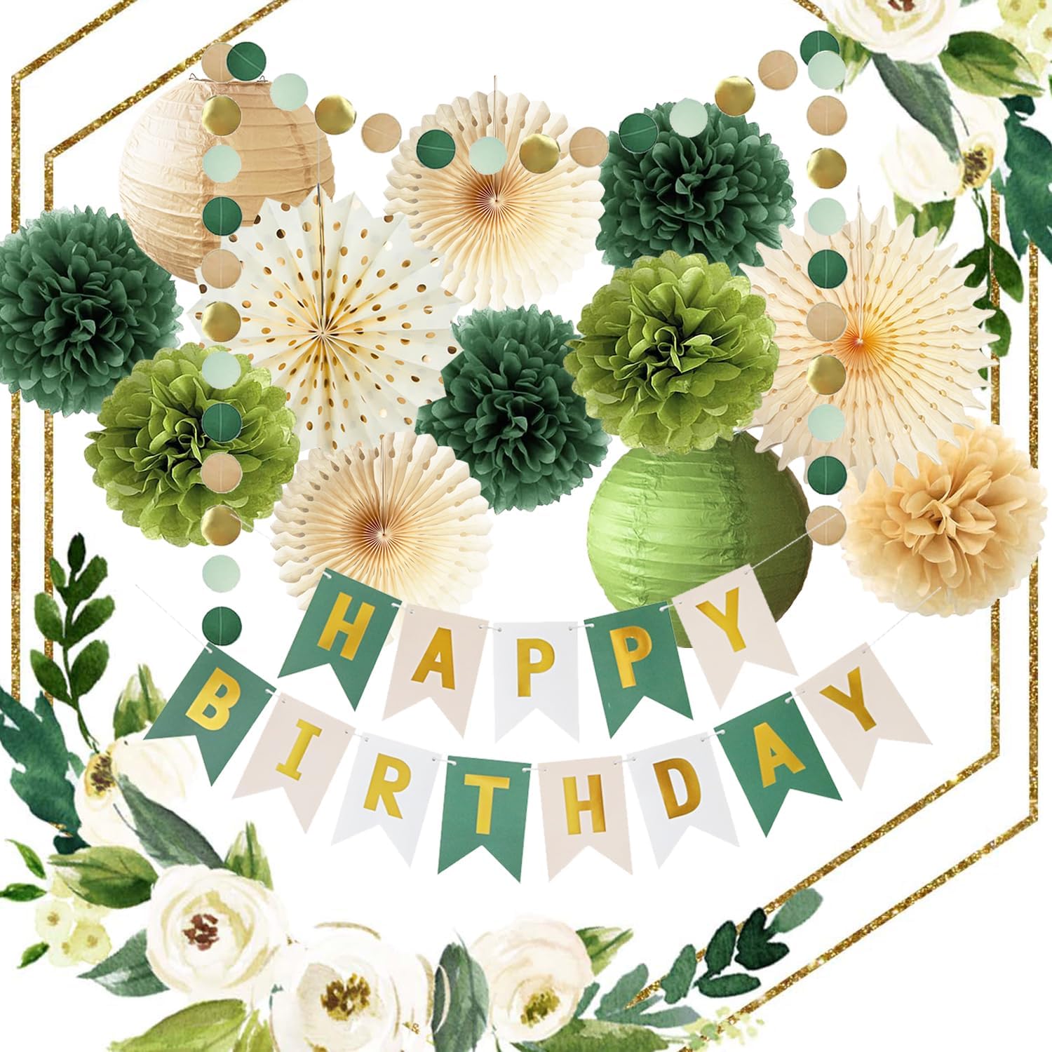 Green Birthday Party Decorations Olive Green Birthday Cream Tissue Pom Poms Paper Lanterns Circle Garland Hanging