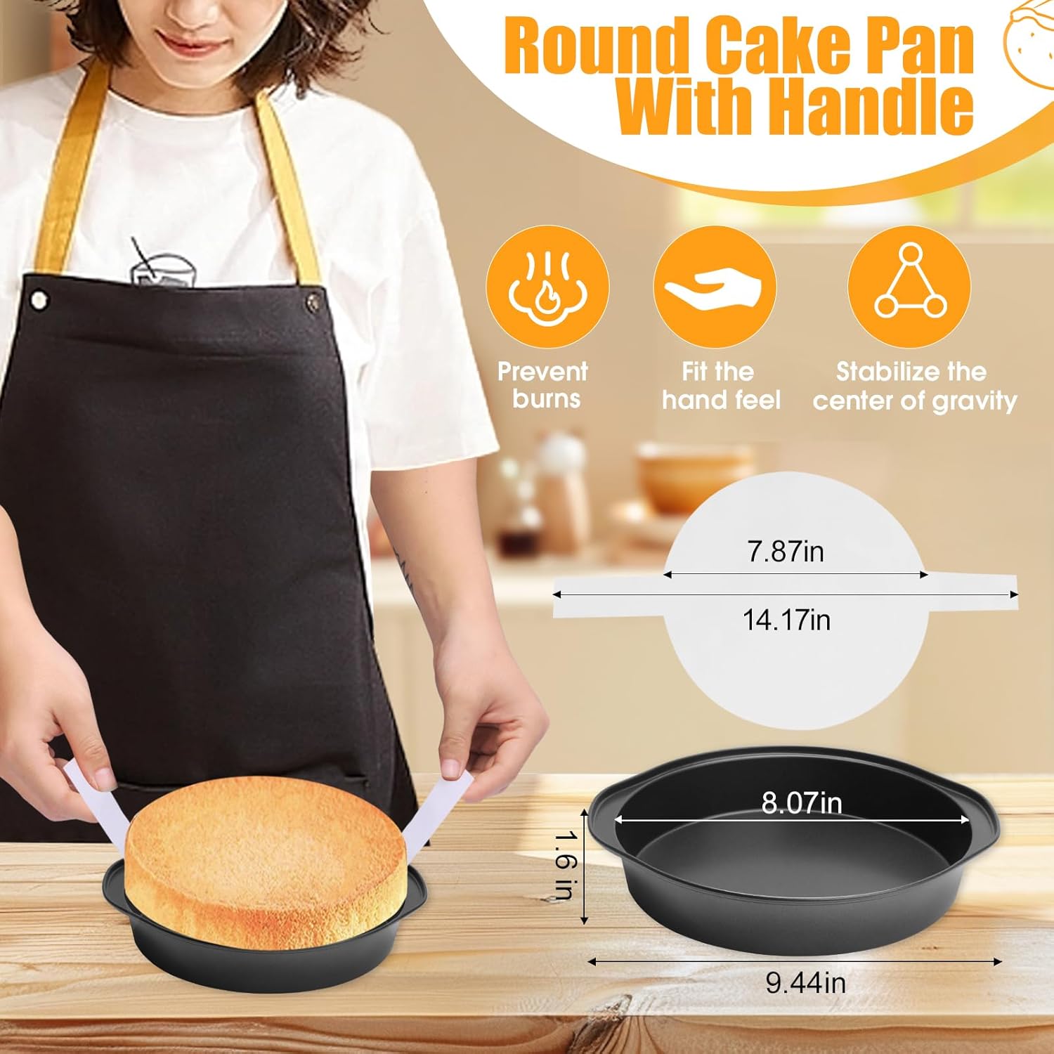 8" Round Cake Pan, 3PCS Nonstick Cake Pans with 100 PCS Parchment Paper, Carbon Steel Cake Baking Pans with Handle