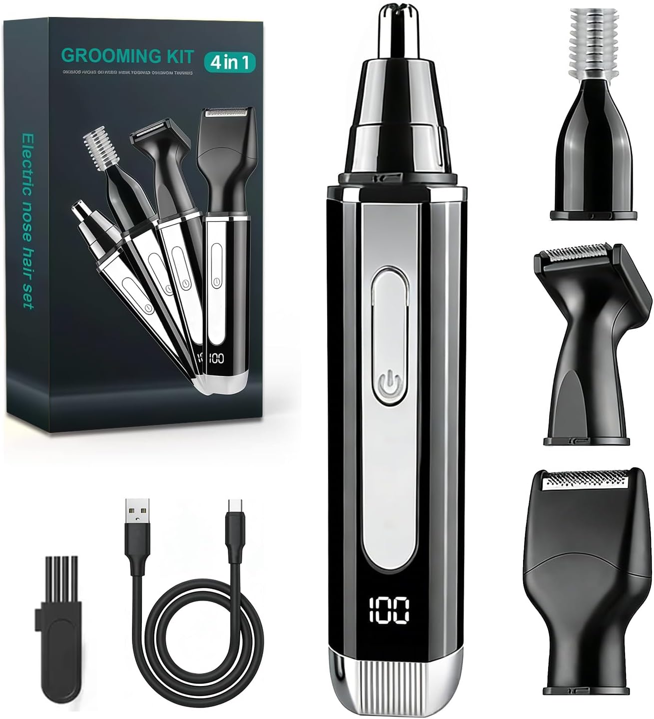 Nose Hair Trimmer for Men and Women: 4-in-1 Rechargeable Grooming Kit for Nose, Ear, Eyebrow & Beard, LED Display