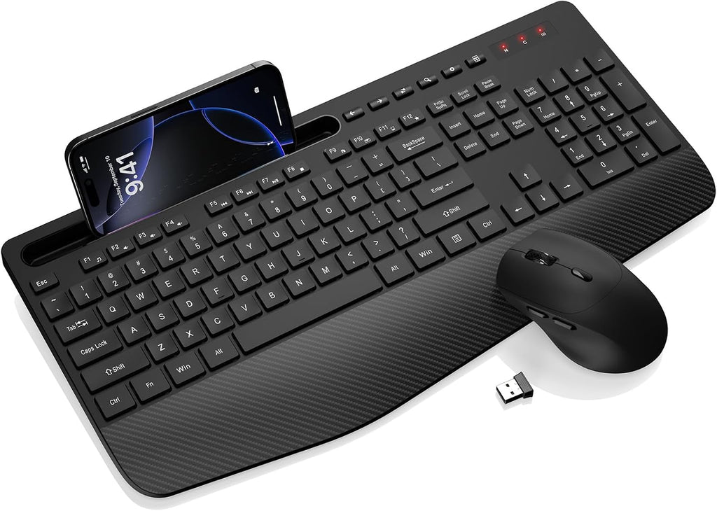 Wireless Keyboard and Mouse Combo - Full-Sized, Ergonomic Wrist Rest | Phone Holder, Sleep Mode, 2.4G Quiet Keyboard