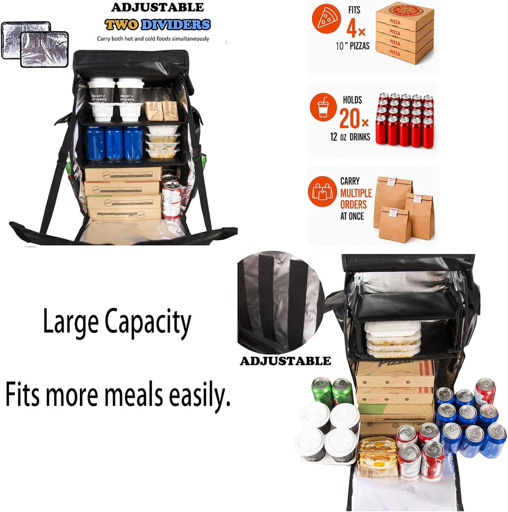 Insulated Food Delivery Backpack with 3 Inner Spaces & 4 Pockets & Reflective Strip, Large Capacity, Leakproof, 4 Cup