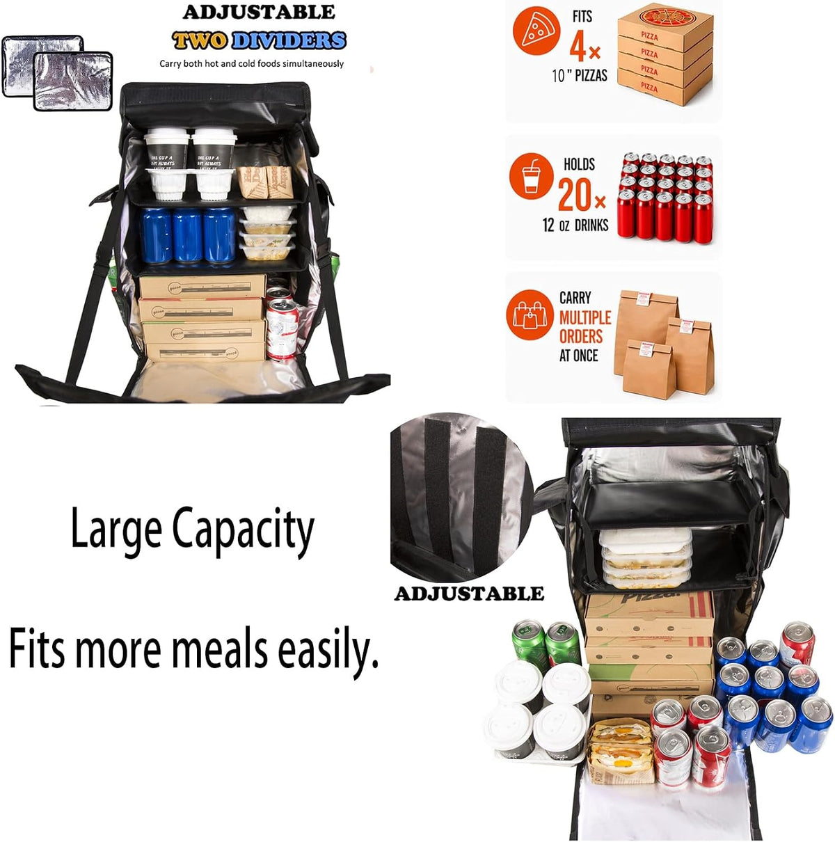 Insulated Food Delivery Backpack with 3 Inner Spaces & 4 Pockets & Reflective Strip, Large Capacity, Leakproof, 4 Cup