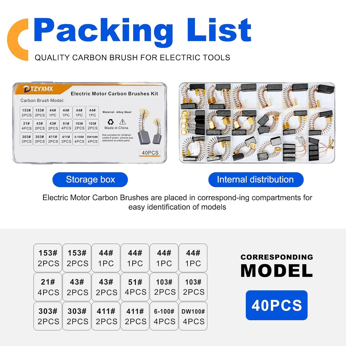 40 Pcs Electric Motor Carbon Brushes Set by Size,10 Models Power Tool Replacement Parts for Drills,Saws,Grinders,Motors