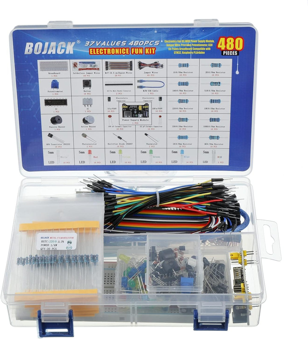 37 Values 480 Pcs Electronics Component Fun Kit with Power Supply Module, Jumper Wire,Precision Potentiometer,830