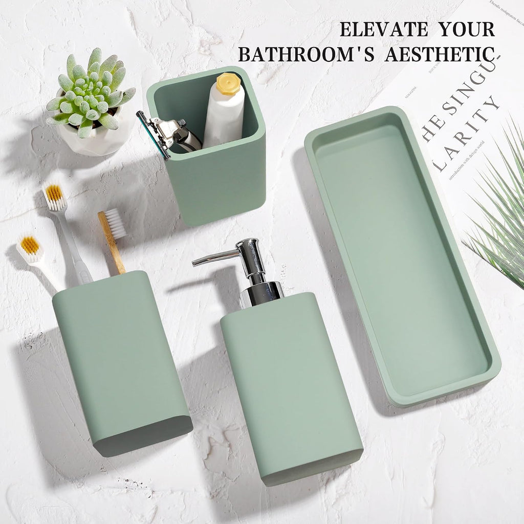 Bathroom Accessories Set, 4 Piece Toothbrush Holder Set - Green | Bathroom Accessory Set with Soap Dispenser