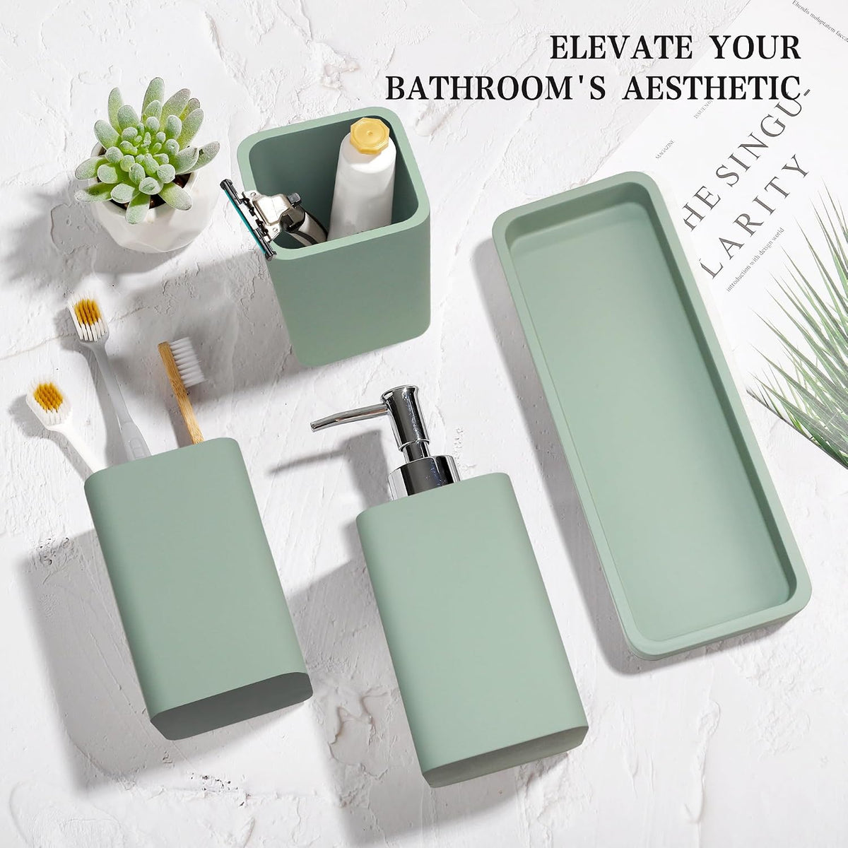 Bathroom Accessories Set, 4 Piece Toothbrush Holder Set - Green | Bathroom Accessory Set with Soap Dispenser