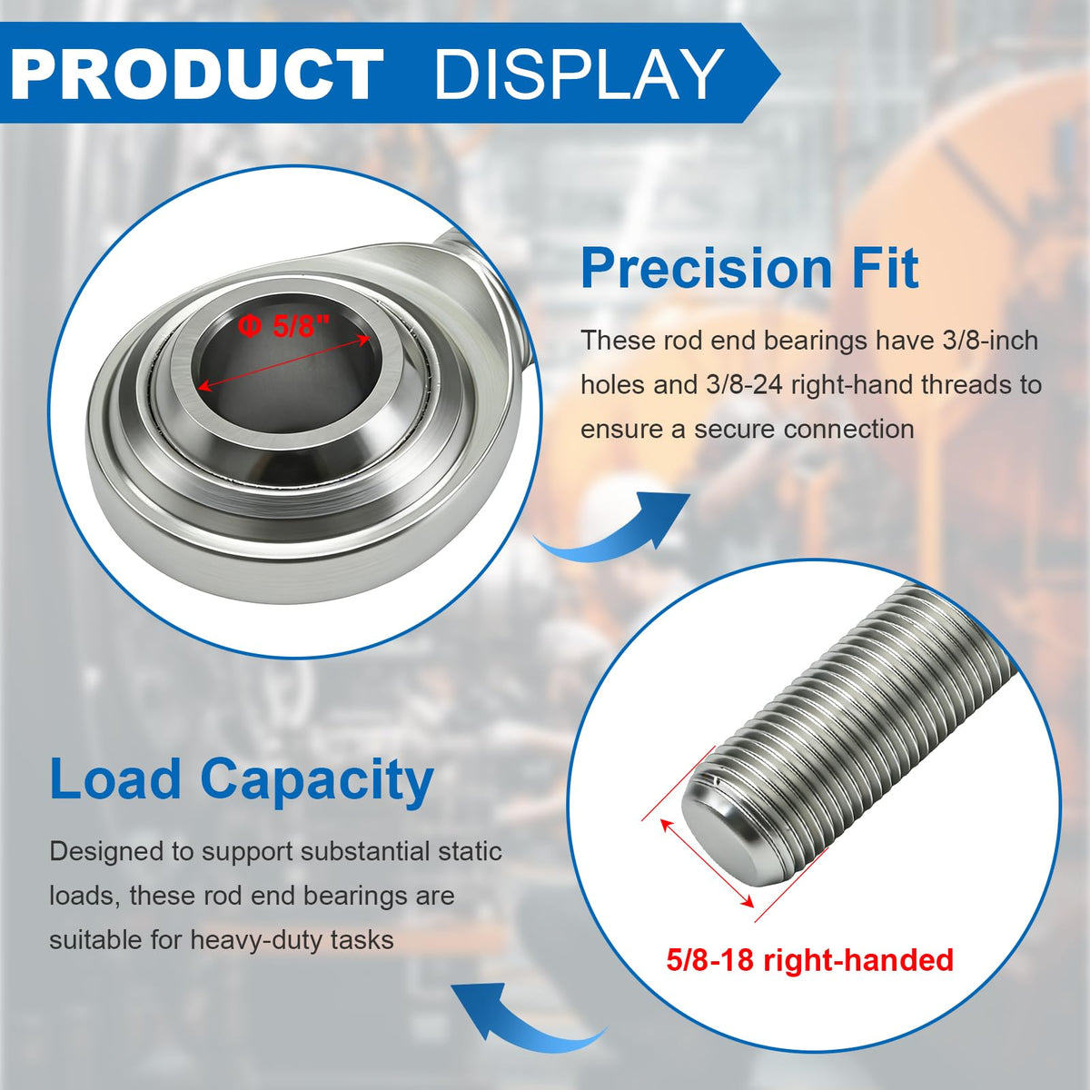MDEOOSKY 2 PCS 5/8 Heim Joint CM10 Rod End Bearing, 5/8-18 Right Hand Male Thread with Jam Nuts, Ideal for Machinery and Automation