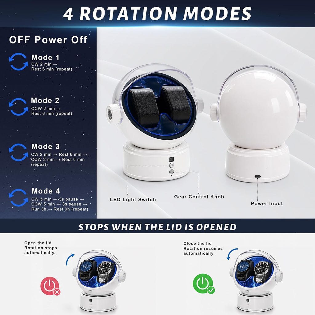 Automatic Watch Winder for Rolex and Auto Watches, Astronaut Style 2 Slots Rotating Watch Box with Blue LED &