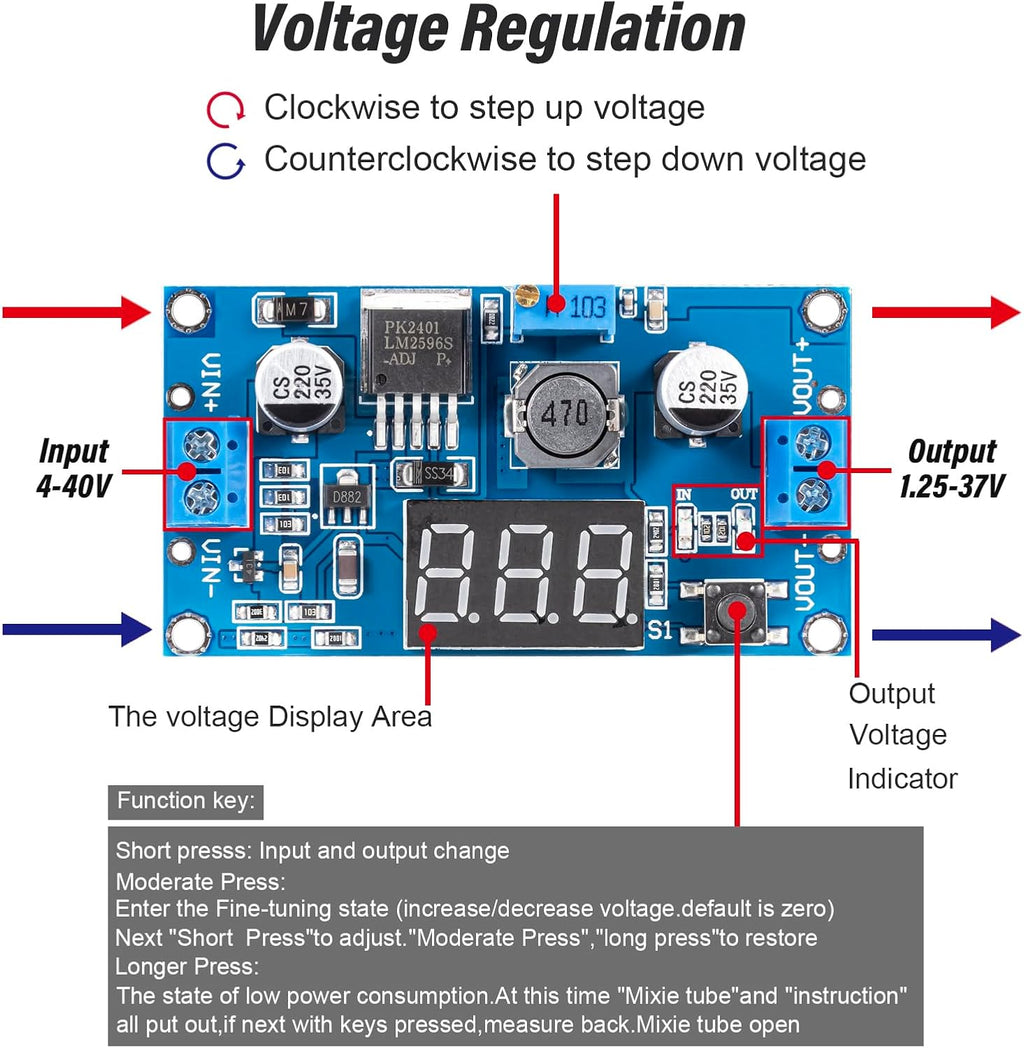 LM2596 LM2596S DC-DC Buck Converter - Voltage Adjustable 4.0-40V to 1.25-37V 2A Power Supply Module with LED Voltmeter Display (Pack of 4)