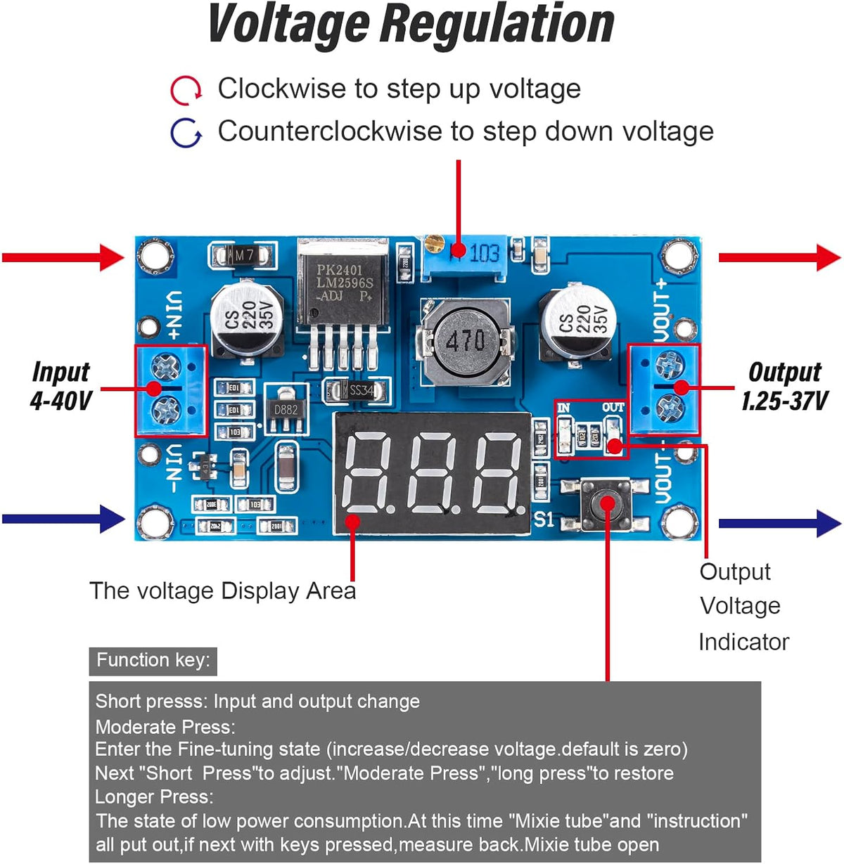 LM2596 LM2596S DC-DC Buck Converter - Voltage Adjustable 4.0-40V to 1.25-37V 2A Power Supply Module with LED Voltmeter Display (Pack of 4)