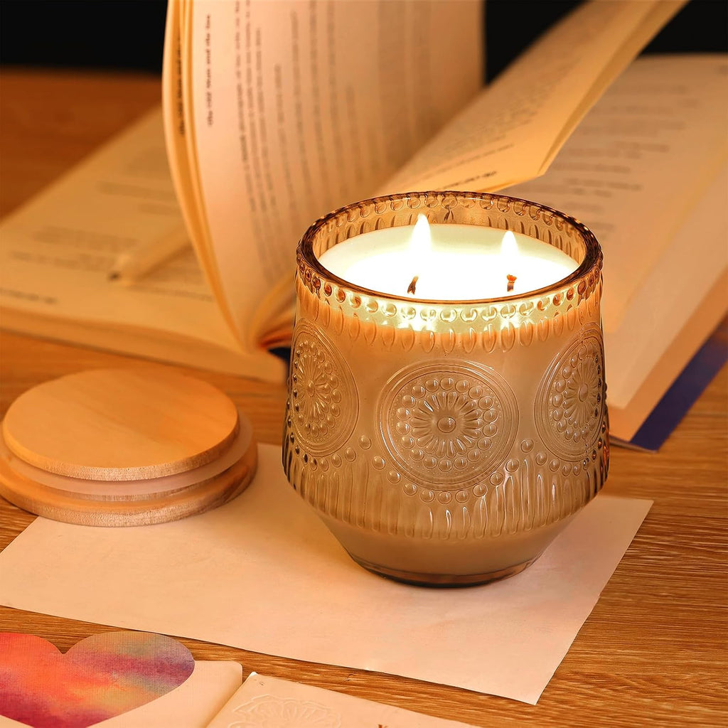 6 Pack Amber Candle Jars for Making Candles- Large 13.5oz Glass Jars with Wooden Lids and Labels, Empty Candle Jars