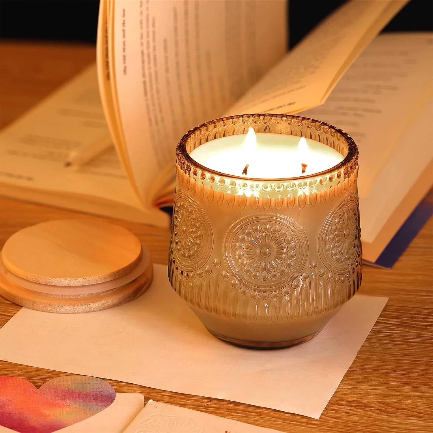 6 Pack Amber Candle Jars for Making Candles- Large 13.5oz Glass Jars with Wooden Lids and Labels, Empty Candle Jars