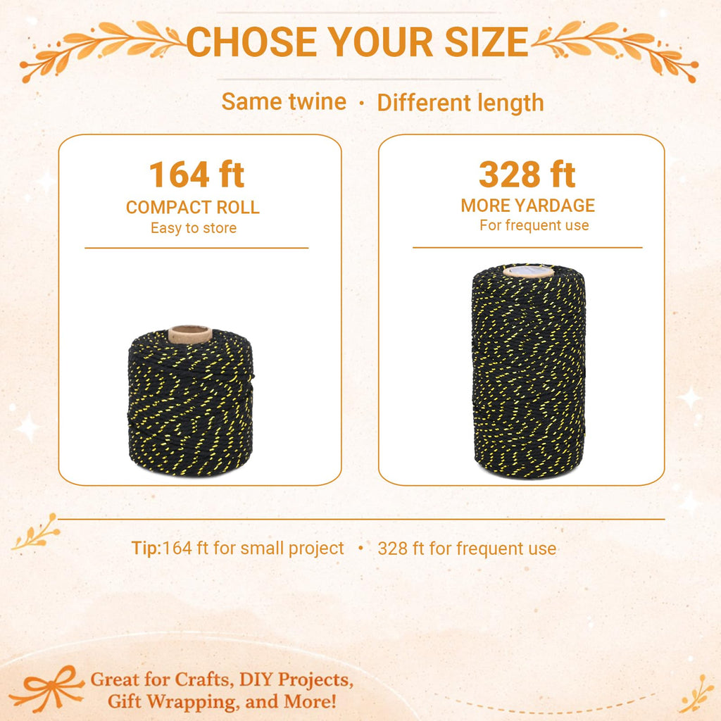 Gold and Black Cotton Twine String, 2mm Thick, 328 Feet