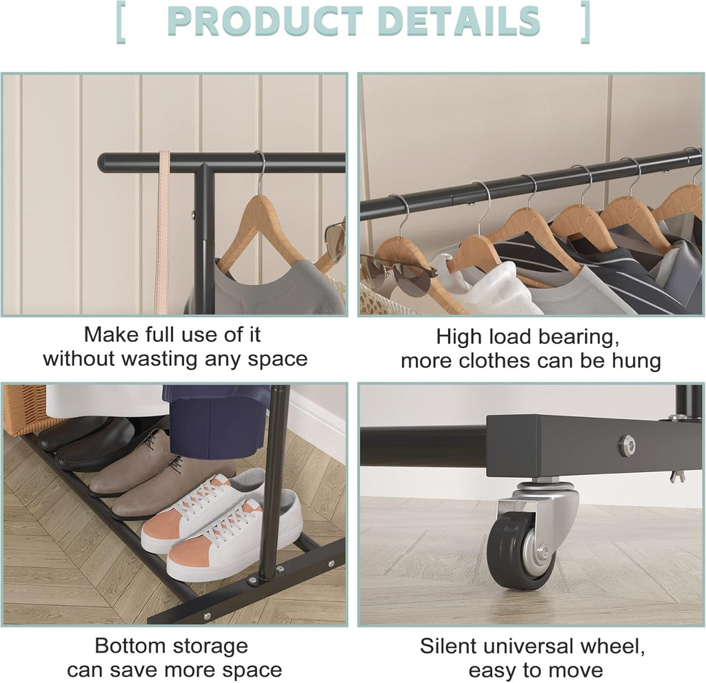 Double Rod Metal Clothing Garment Rack on Wheels, Black | Rolling Clothes Organizer, for Hanging Clothes,Coats,Easy