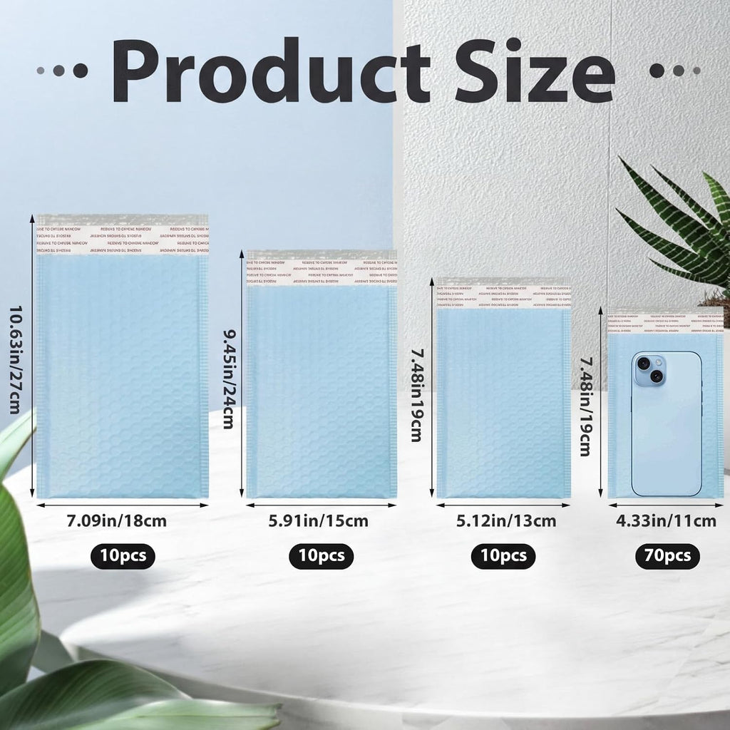 100 Pcs Blue Bubble Mailer 4 Sizes Adhesive Padded Envelopes