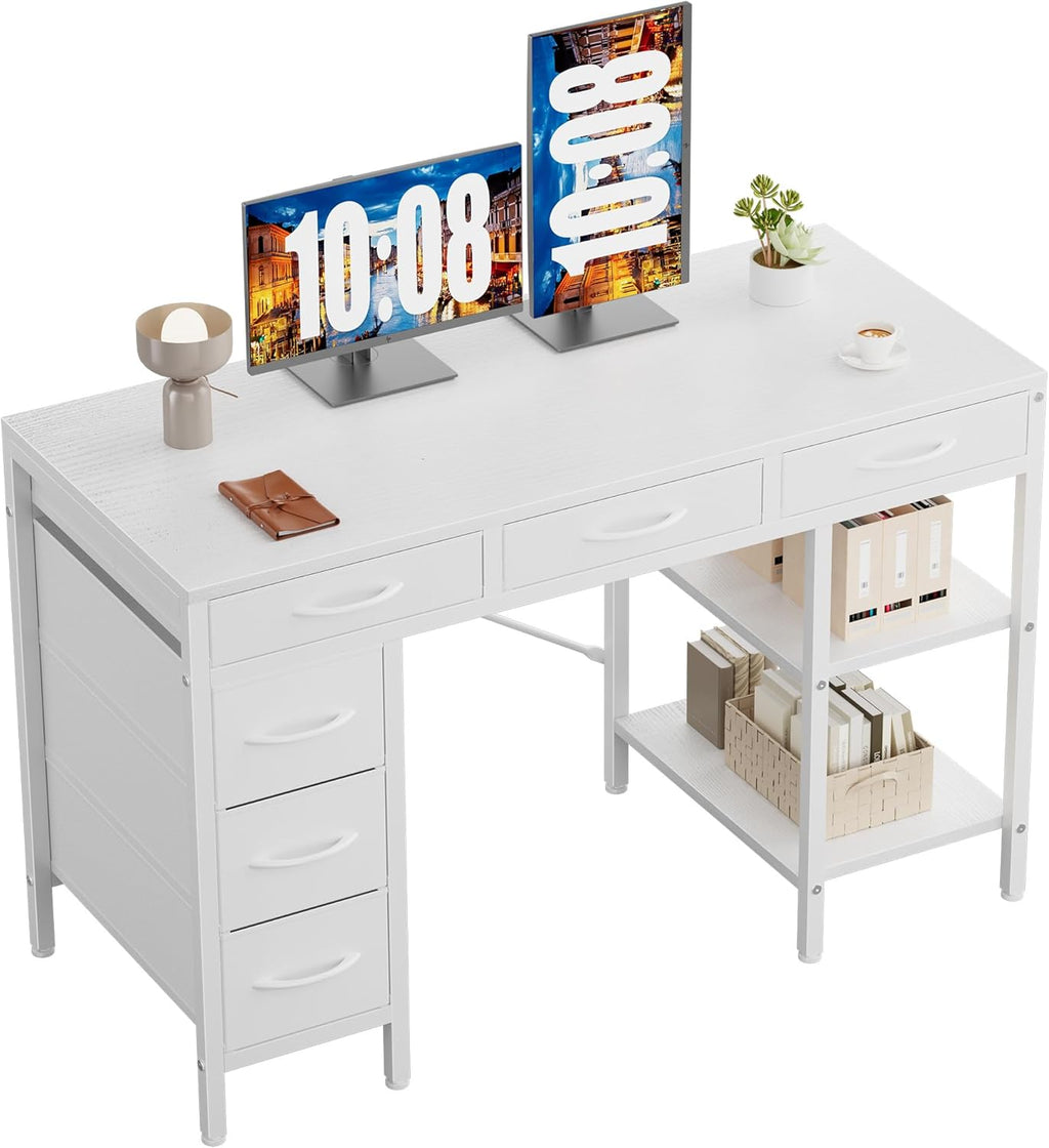 47" Computer Desk with 6 Drawers, Home Office Gaming Desks with Storage Shelves for Bedroom, Writing Study Corner