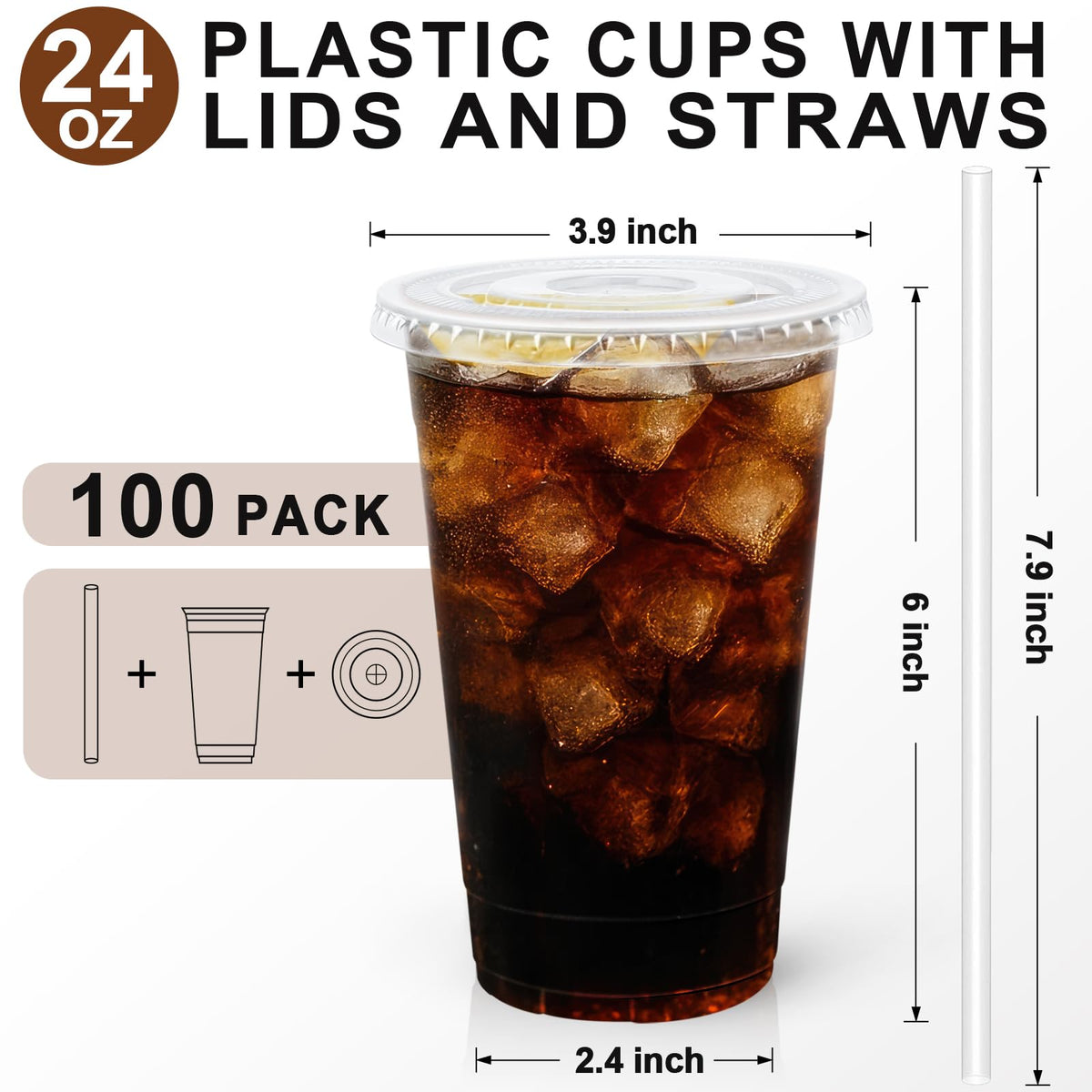 100 Pack 24 oz Plastic Coffee Cups with Lids, Disposable Clear Cups
